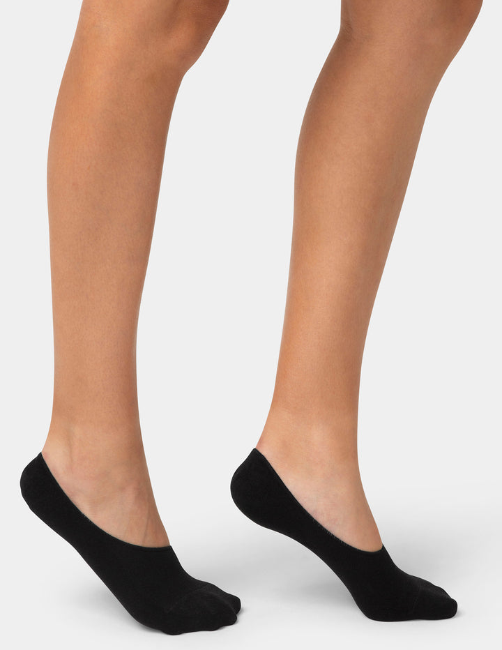 Black no-show socks worn with beige skin on a white background