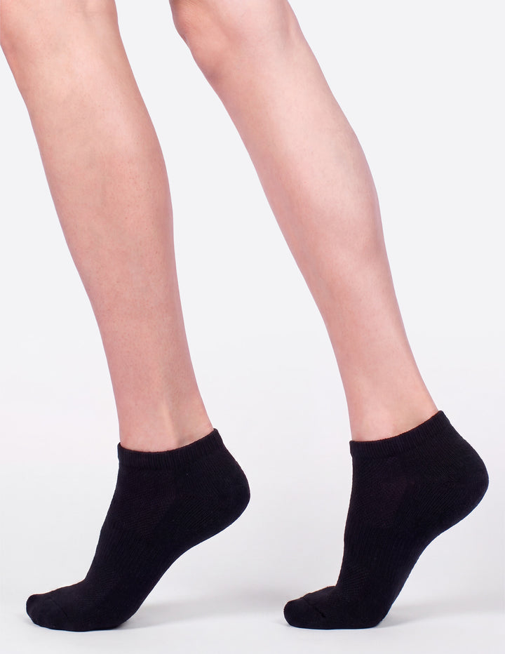 Black ankle socks worn by a person on a white background
