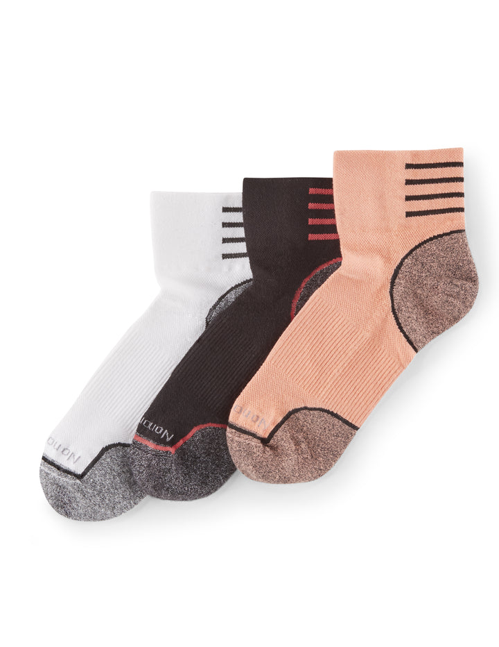 Three pairs of cushioned ankle socks in black, white, and pink colors with ventilated panels.