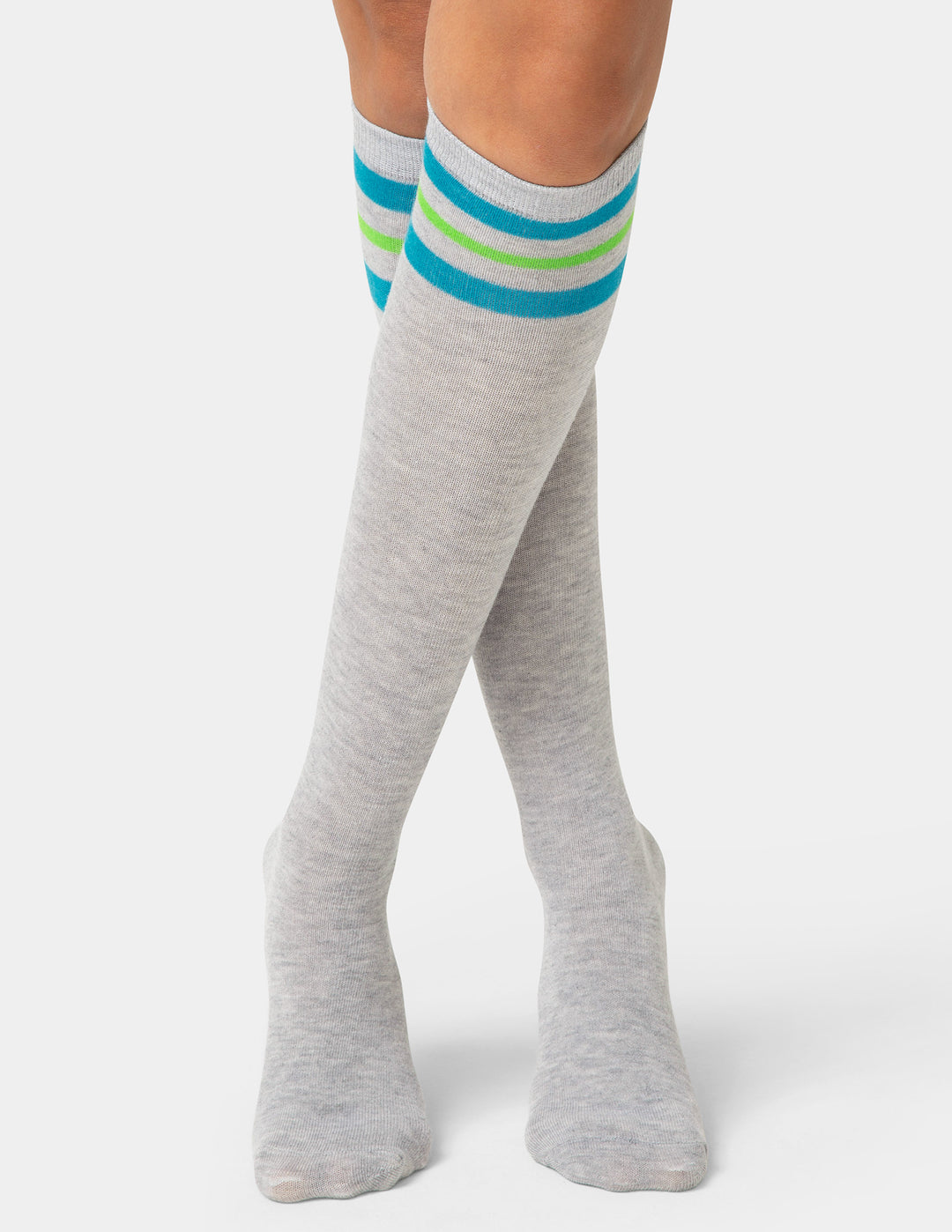 Gray knee-high socks with colorful stripes on a white background