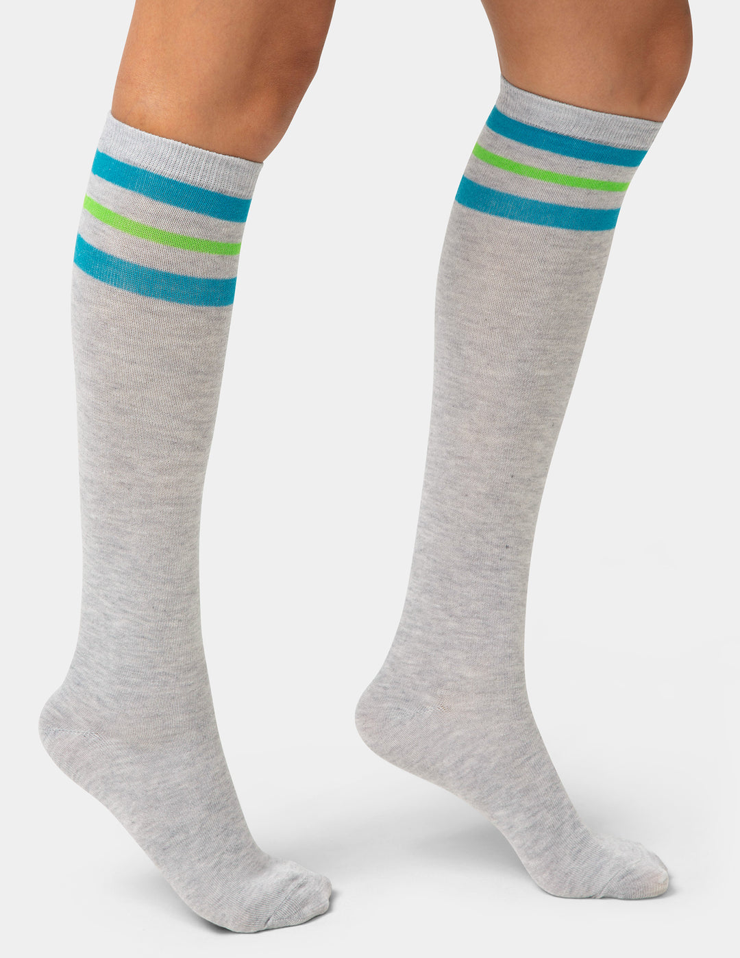 Gray knee-high socks with blue and green stripes on a white background