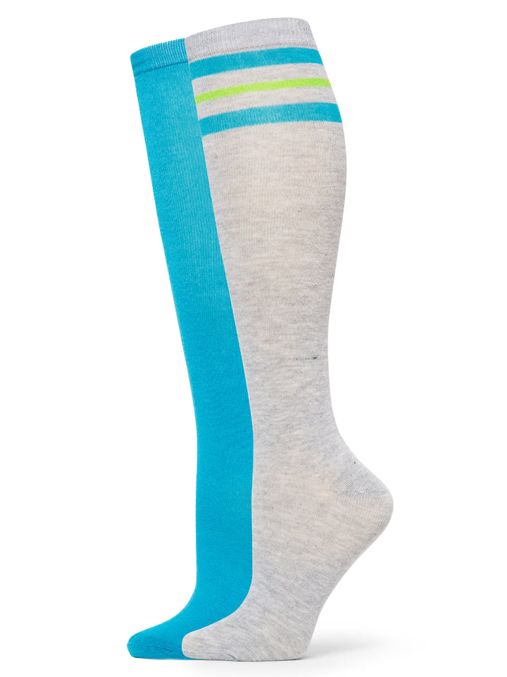 Pair of knee-high socks with blue and gray design on a white background