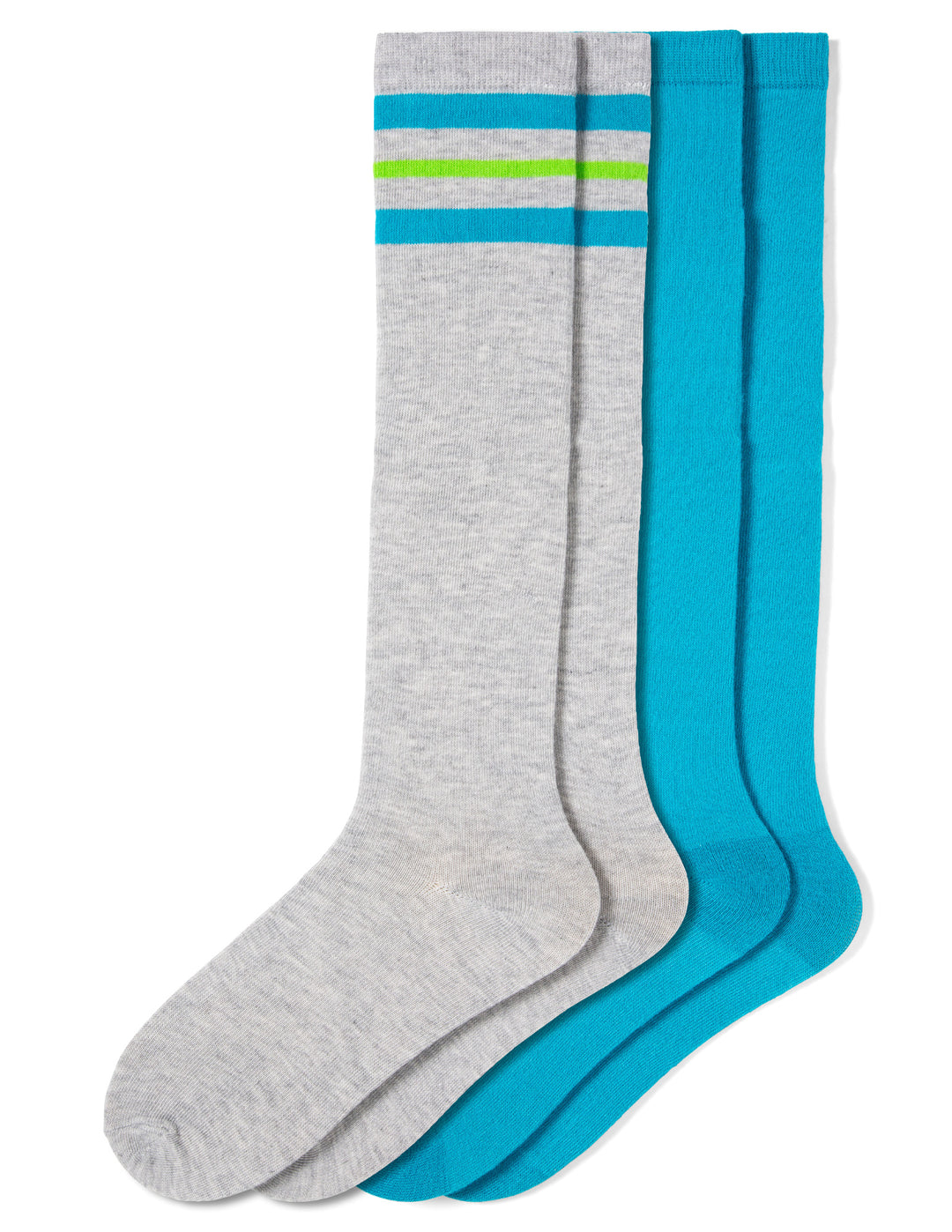 Two pairs of knee-high socks, one gray with blue stripes and one blue with a green stripe, on a white background.