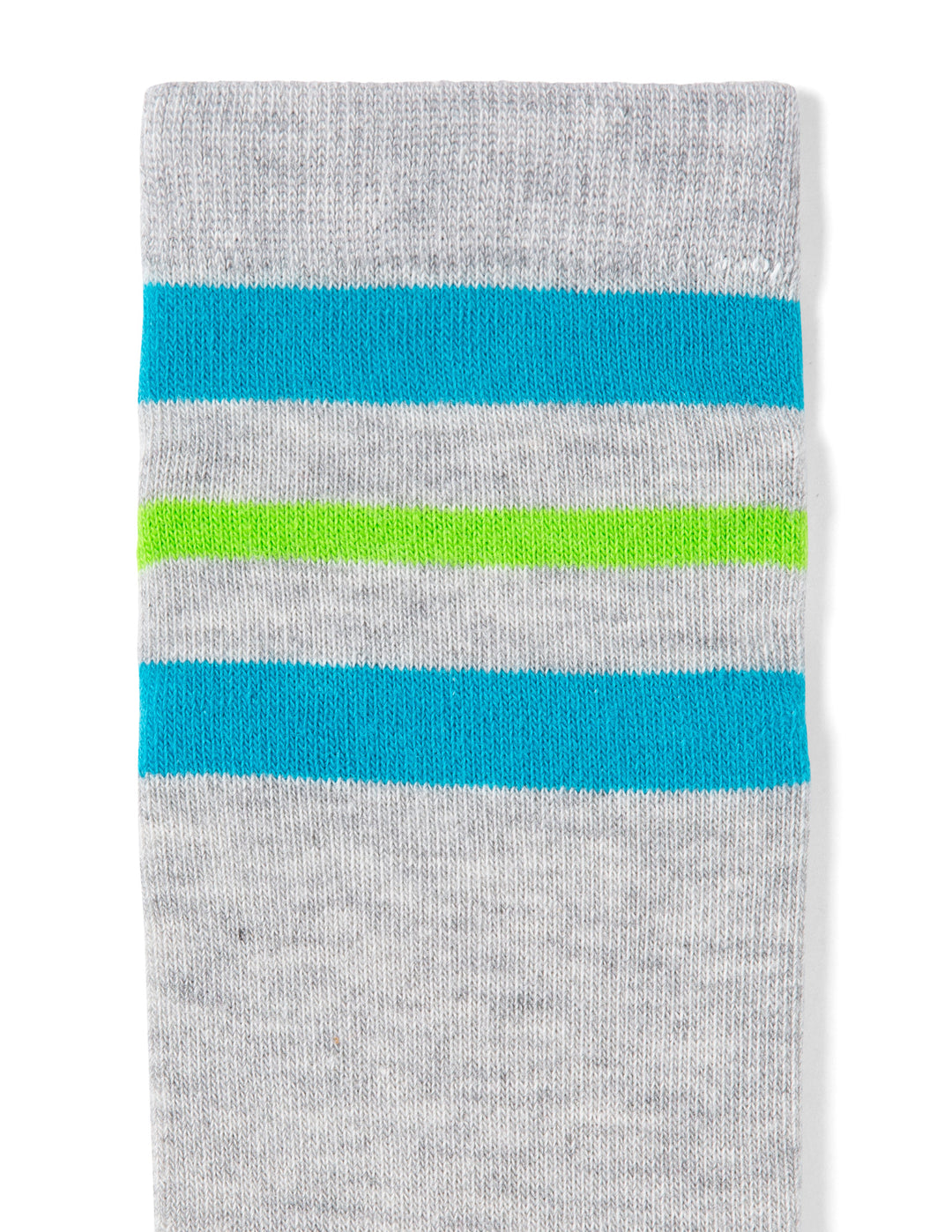Gray sock with blue and green stripes on a white background