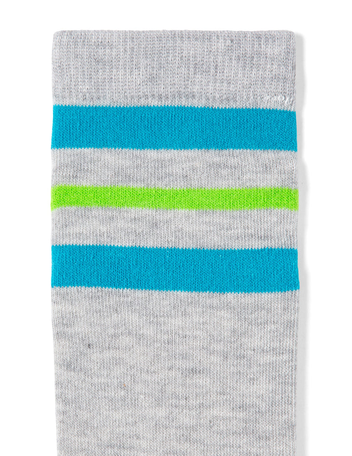 Gray sock with blue and green stripes on a white background