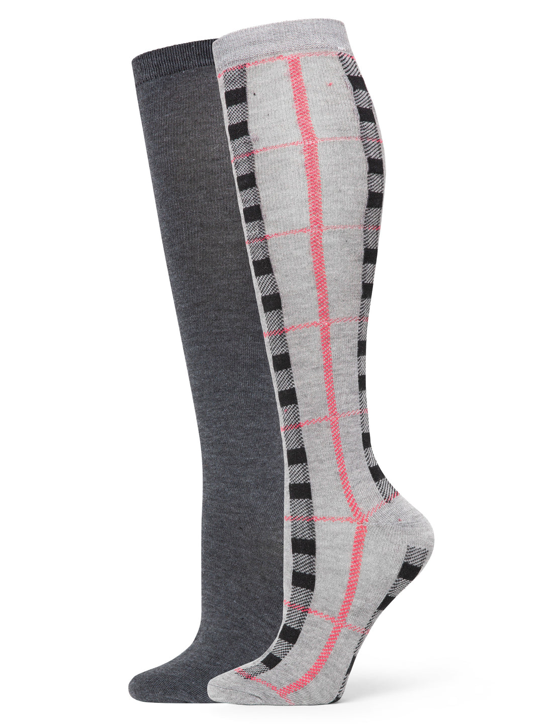 Two pairs of knee-high socks, one gray and one with a plaid pattern, on a white background.