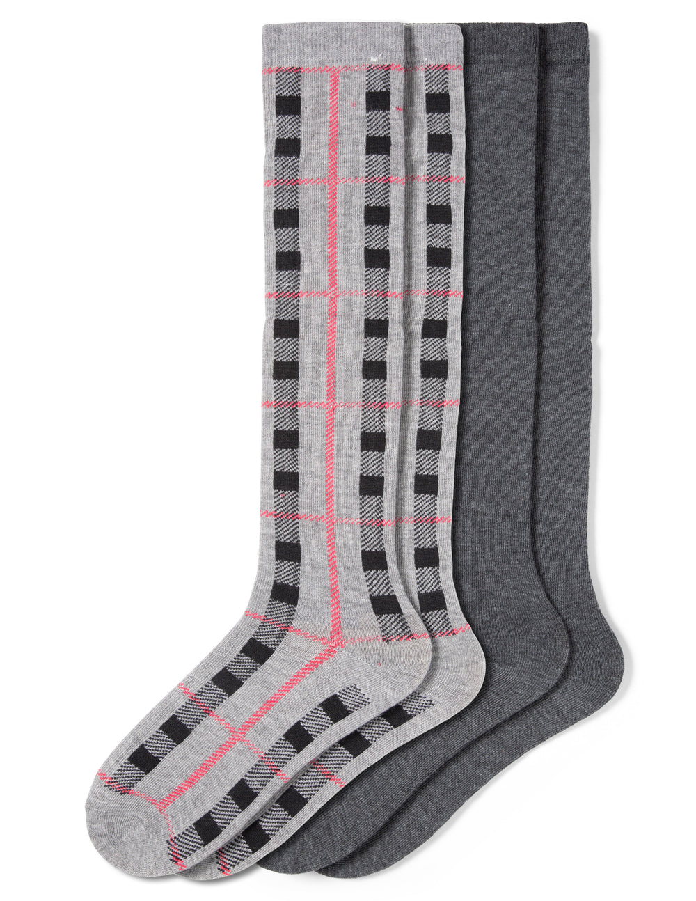 Set of gray knee-high socks with plaid pattern on a white background