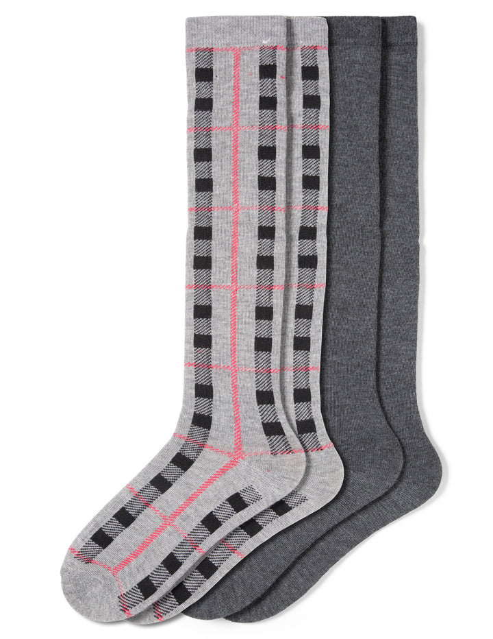 Set of gray knee-high socks with plaid pattern on a white background