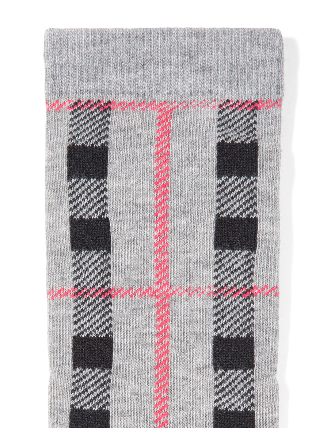 Gray sock with black and pink plaid pattern on a white background