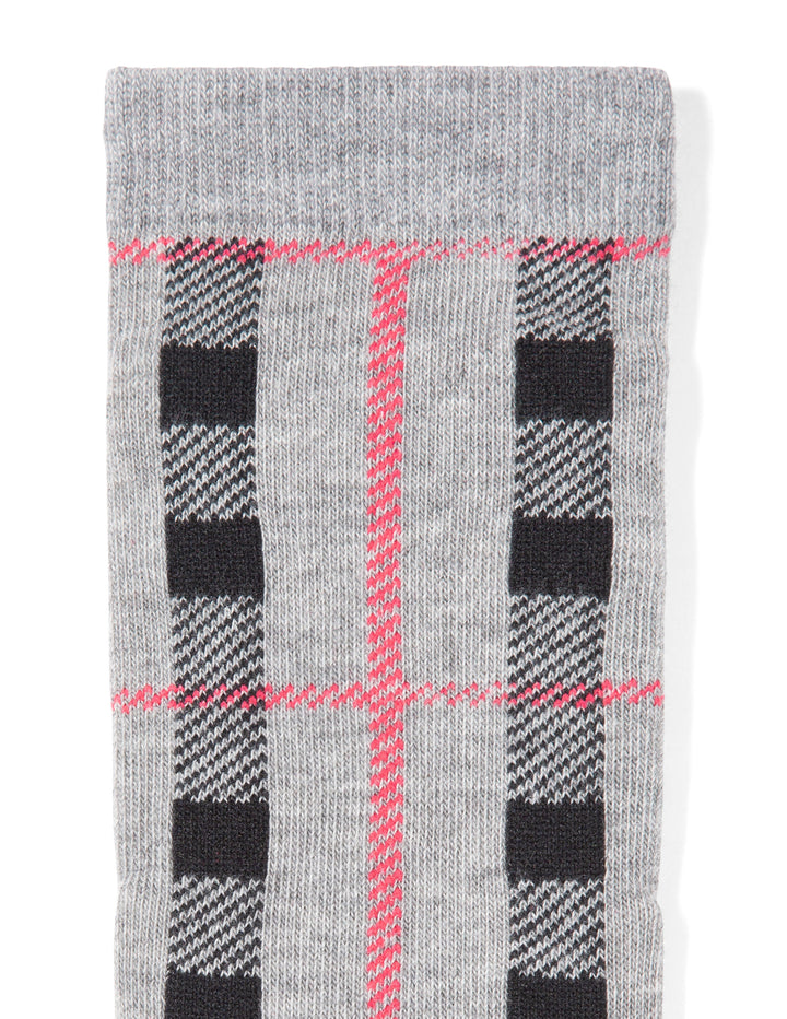 Gray sock with black and pink plaid pattern on a white background