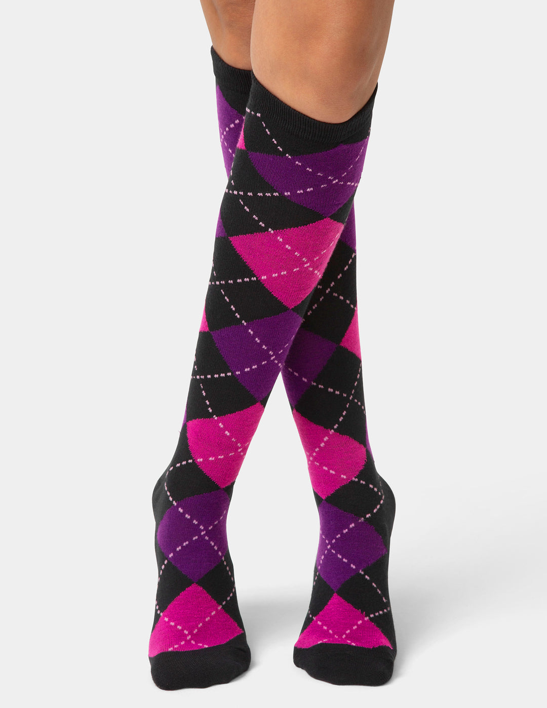 Knee-high socks with purple and pink diamond pattern on a white background