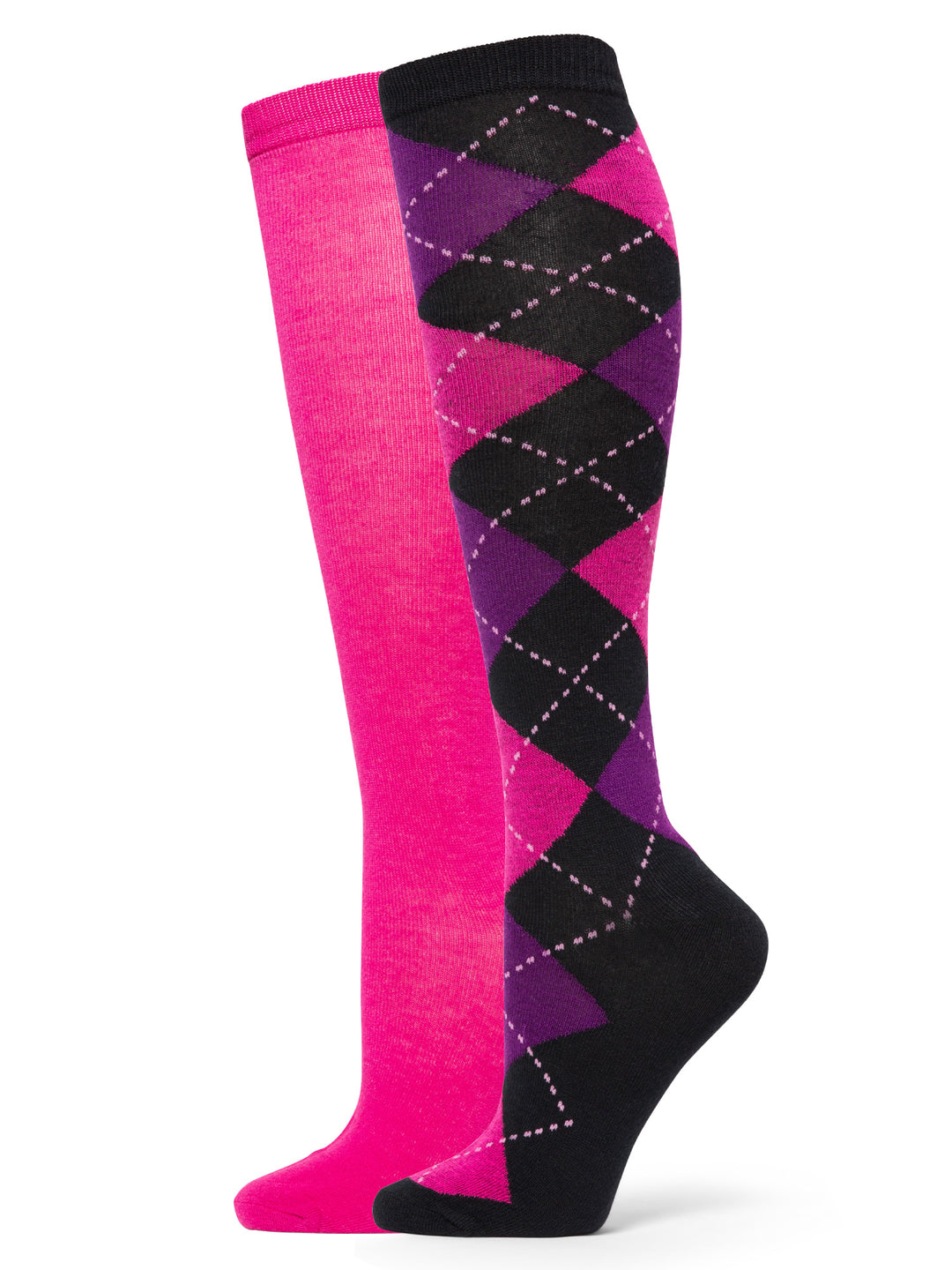 Two pairs of knee-high socks, one pink and one with a black and purple argyle pattern, on a white background.