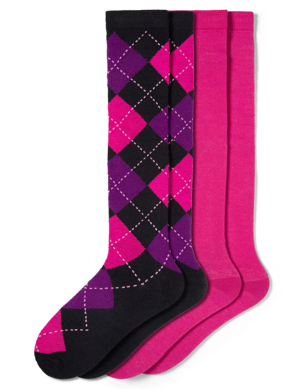 Two pairs of knee-high socks with pink and purple argyle pattern on a white background