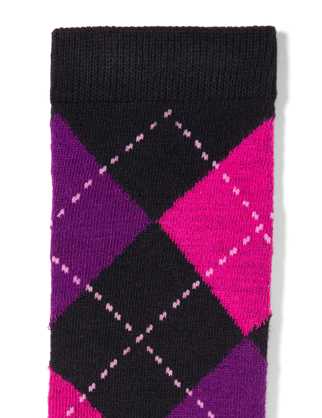 Black sock with pink and purple argyle pattern on a white background