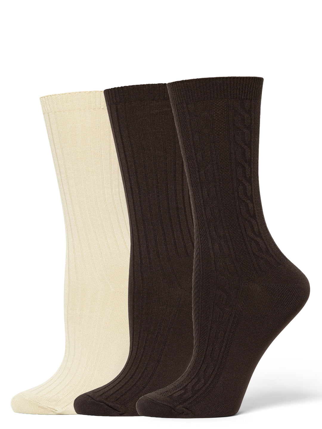 Three pairs of socks in beige and brown on a white background