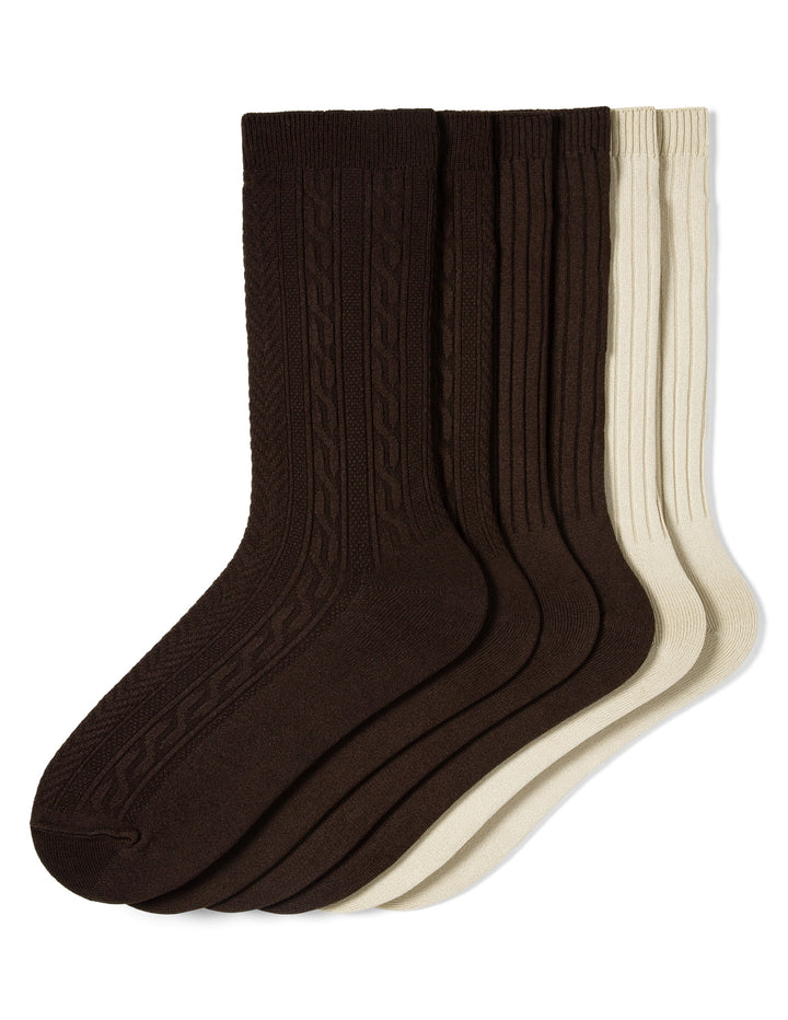 Three pairs of socks, two brown and one beige, on a white background.