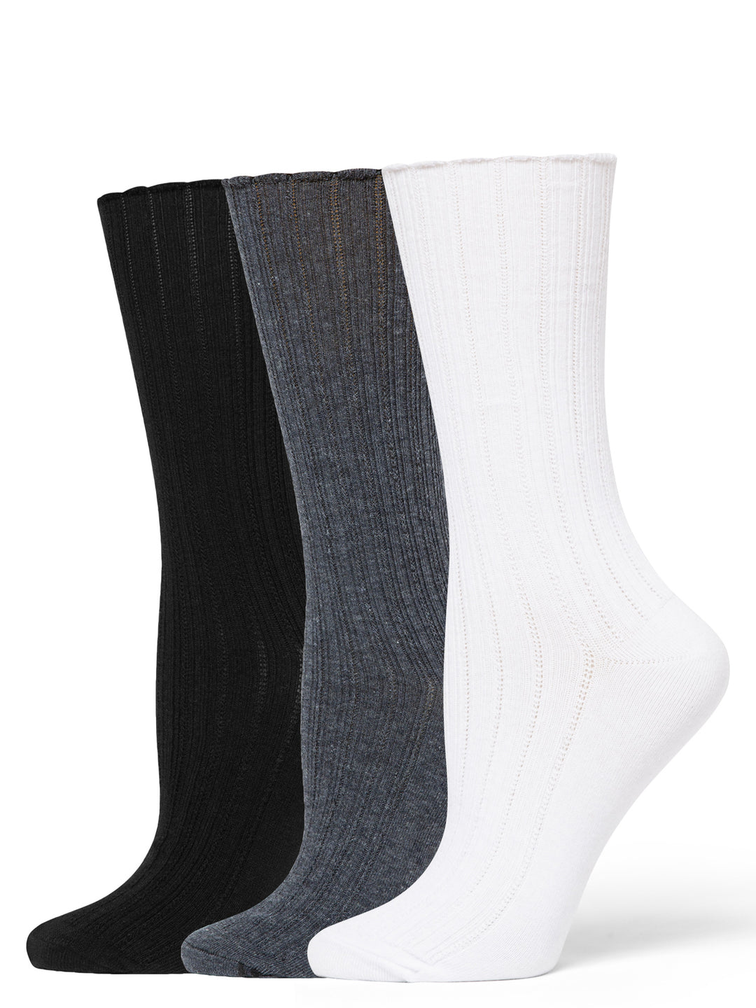 Three pairs of socks in black, gray, and white on a white background