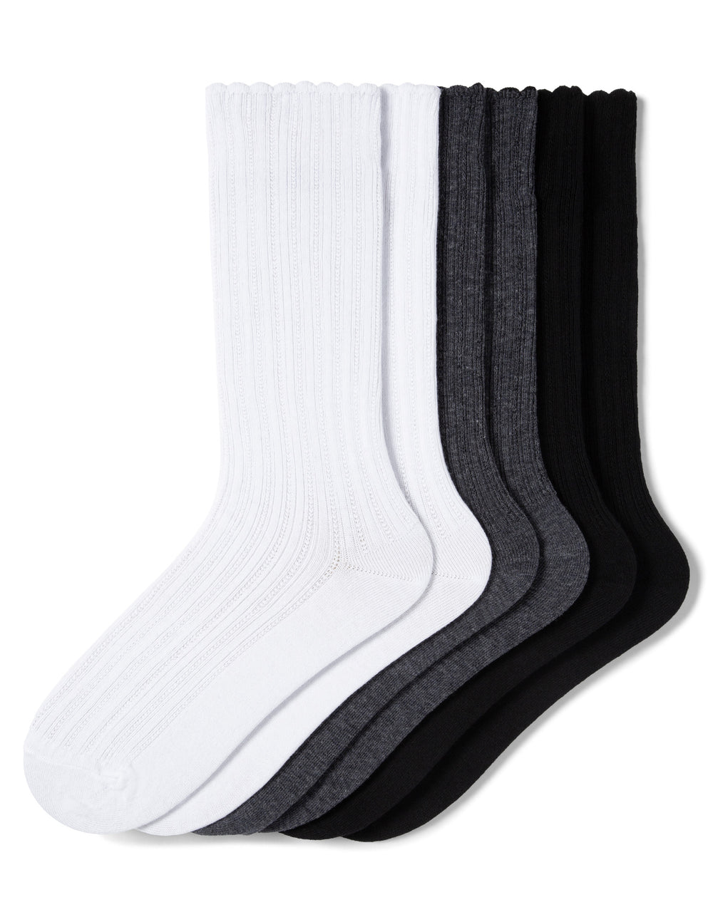 Set of white, gray, and black socks on a white background