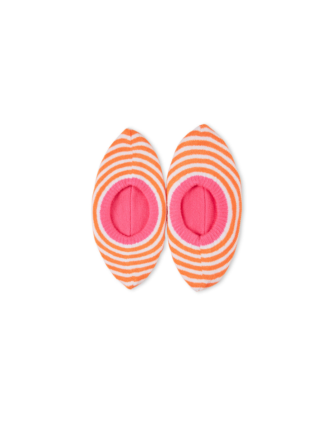 A pair of orange and white striped sweater slipper socks.