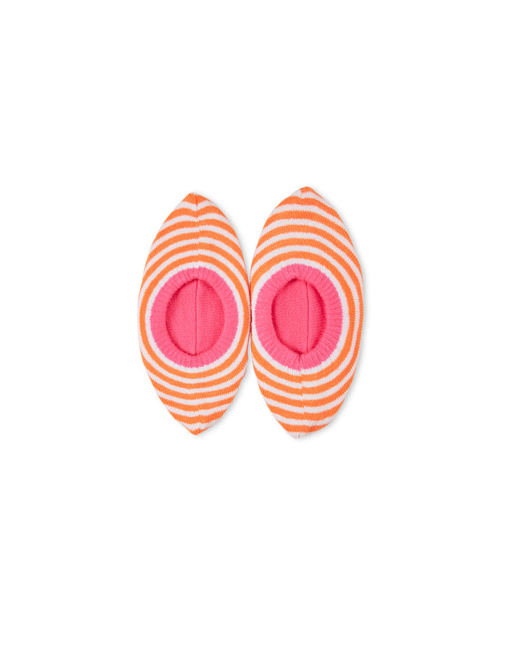A pair of orange and white striped sweater slipper socks.