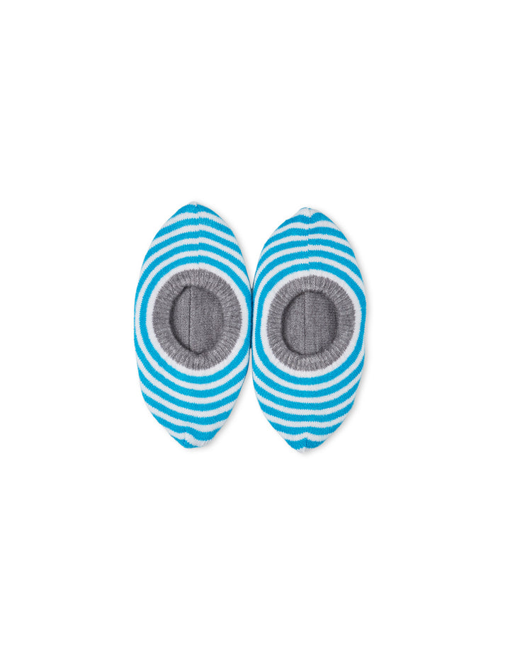 A pair of blue and white striped slipper socks with non-slip grippers on the sole.