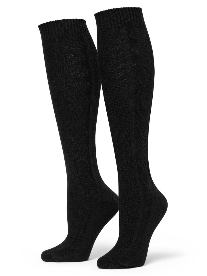 Pair of black knee-high socks on a white background