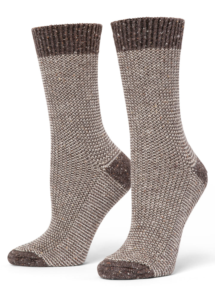 Pair of brown and gray patterned socks on a white background