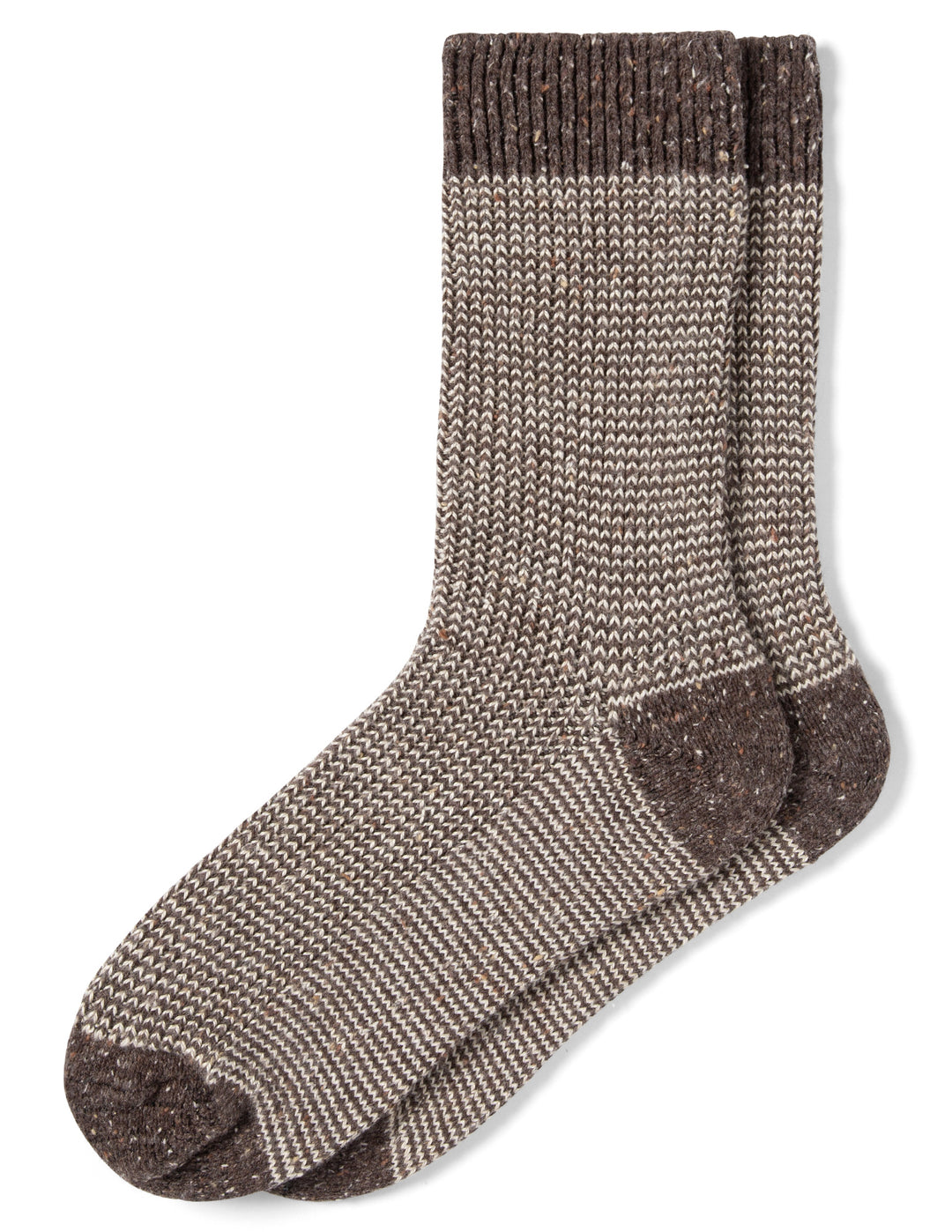 Pair of brown and gray patterned socks on a white background