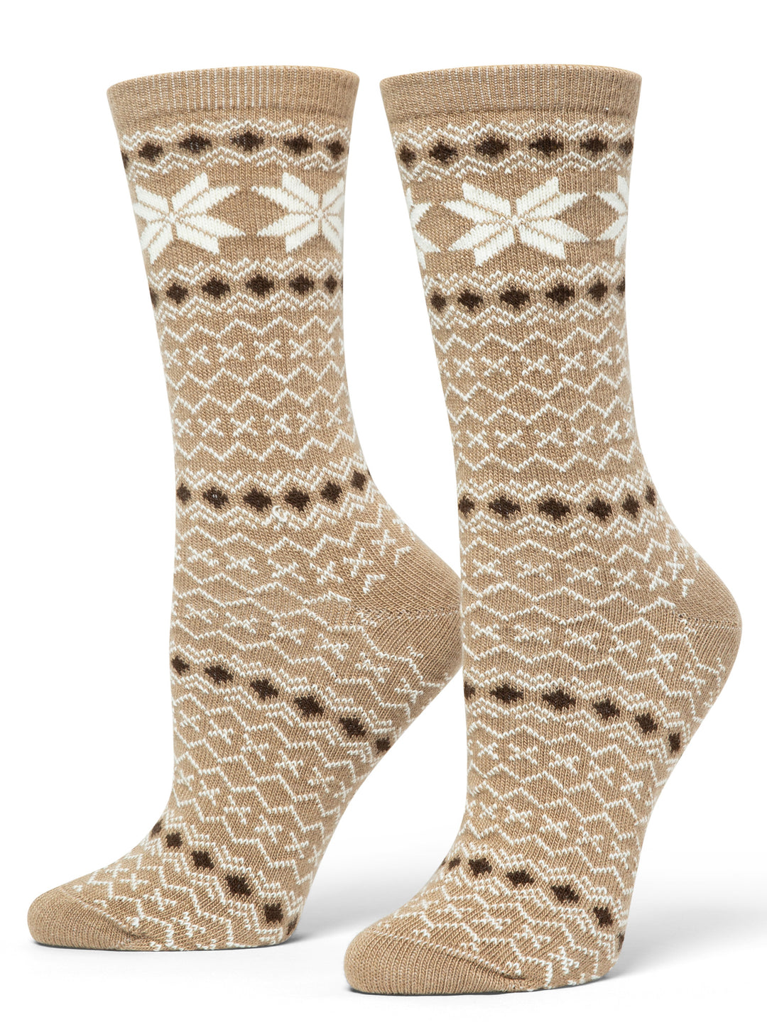 Pair of beige socks with a pattern on a white background