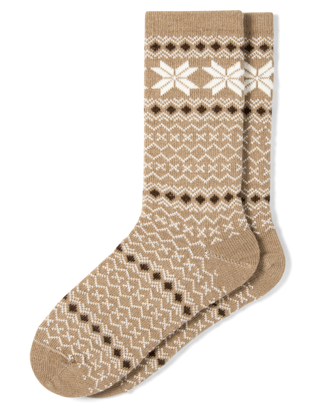 Beige sock with a white snowflake pattern on a white background