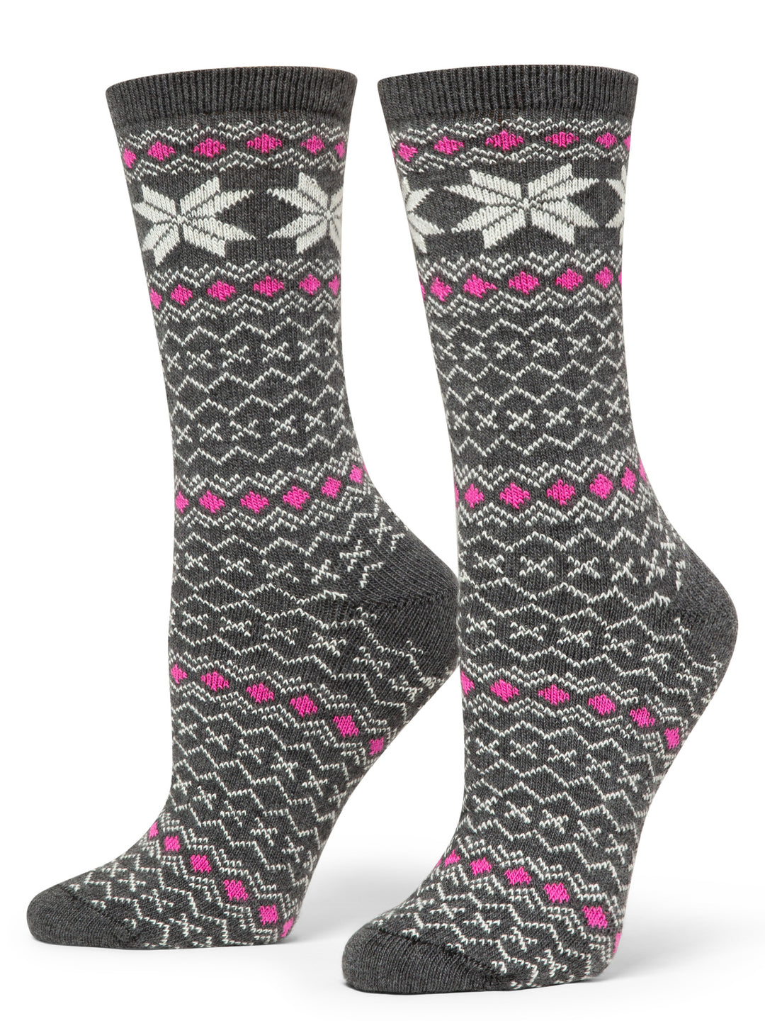 Pair of gray socks with pink and white pattern on a white background
