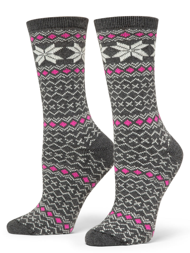 Pair of gray socks with pink and white pattern on a white background