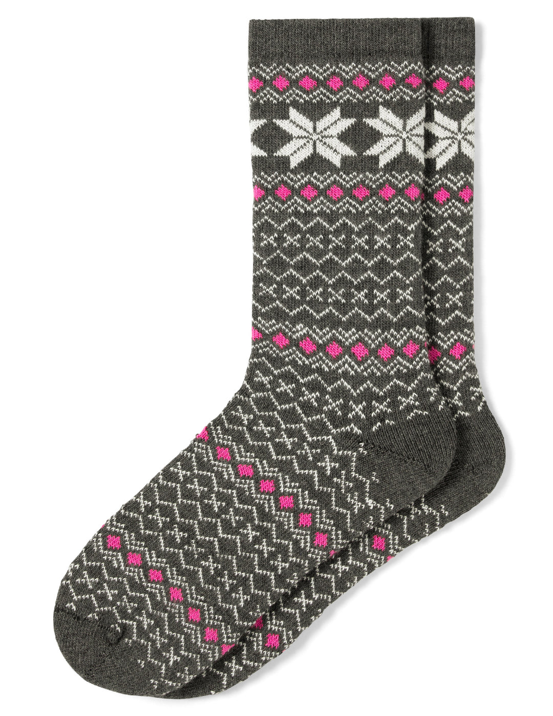 Gray sock with pink and white pattern on a white background