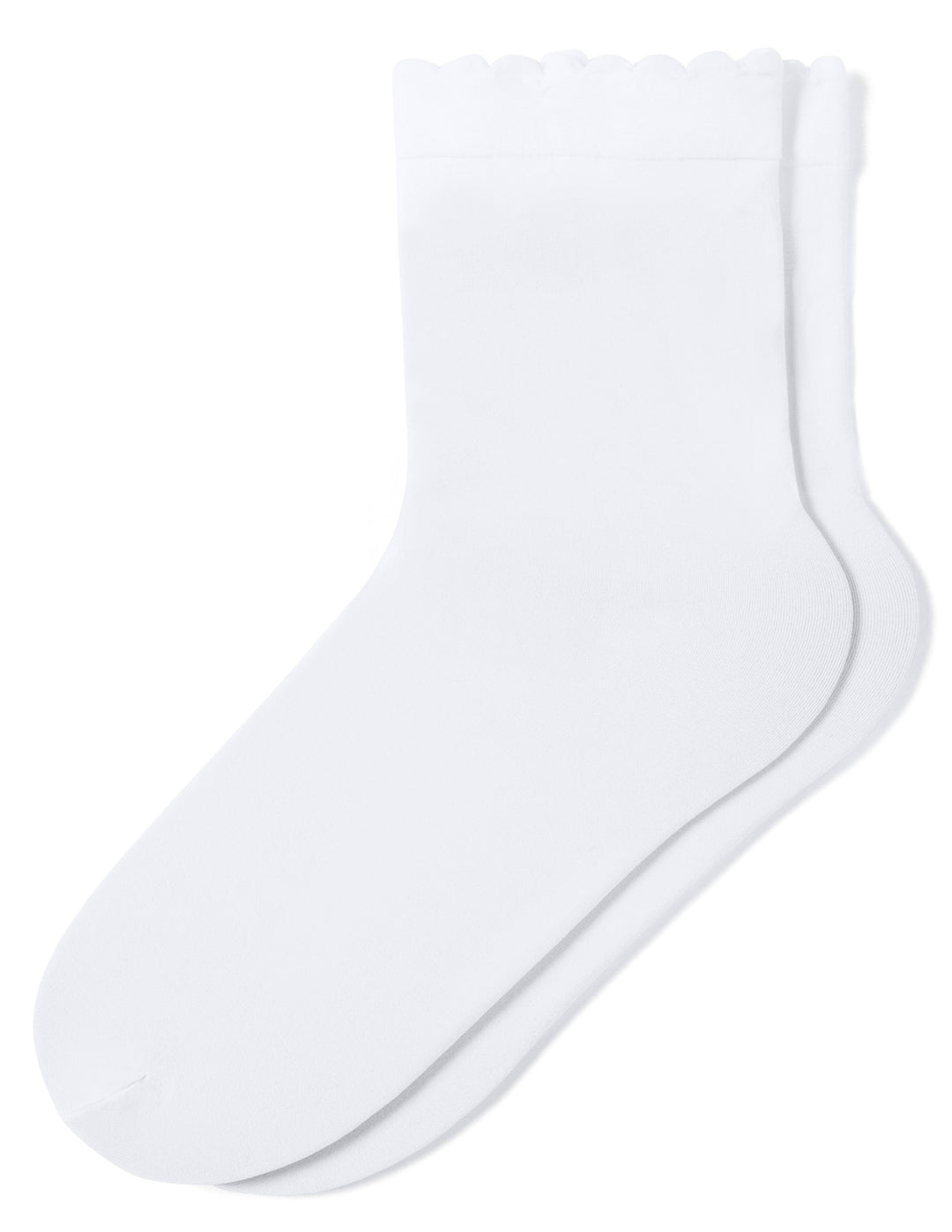 A pair of plain white crew socks with a scalloped edge at the top, displayed against a solid white background.