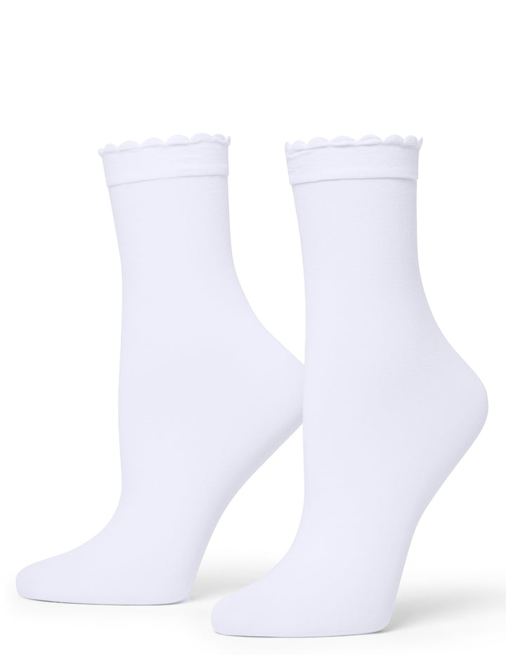 A pair of white crew socks with a delicate scalloped trim at the top, displayed on invisible forms against a clean white background.