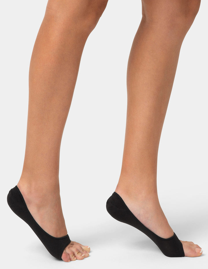 Black footie socks worn by a person on a white background