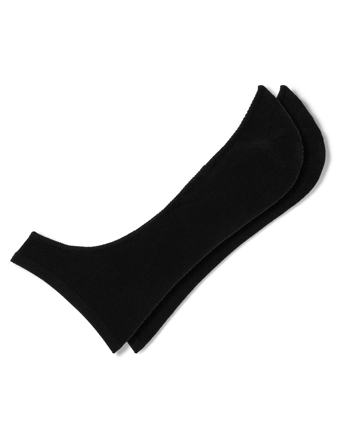 Two black open-toe socks on a white background