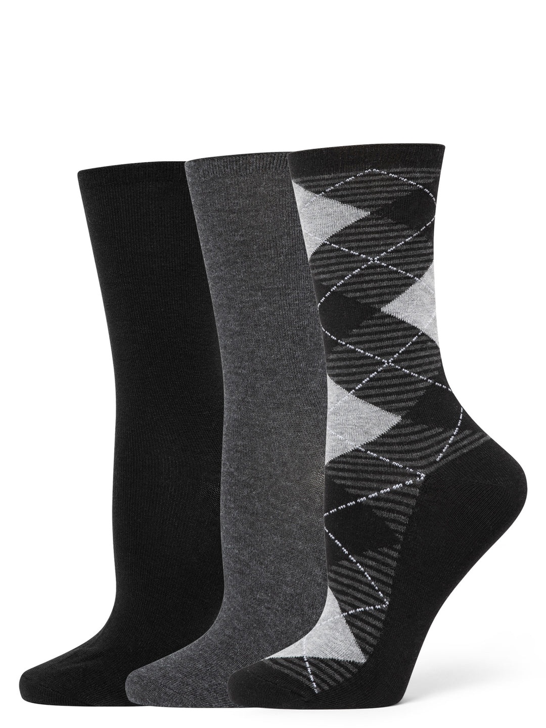 Three pairs of socks in black, gray, and patterned design on a white background