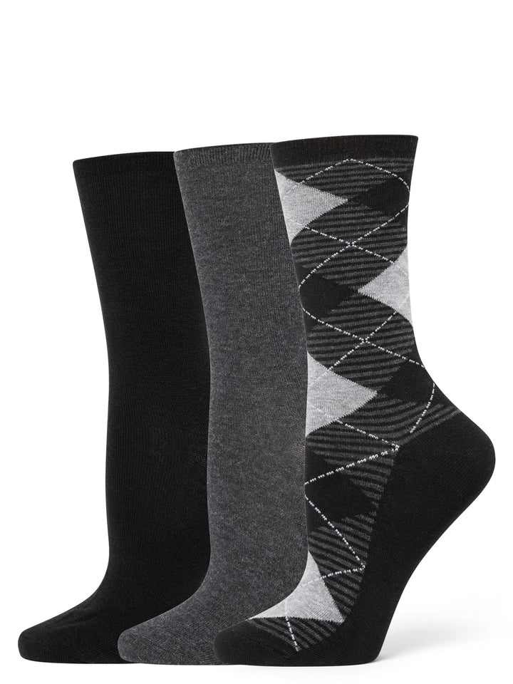 Three pairs of socks in black, gray, and patterned design on a white background