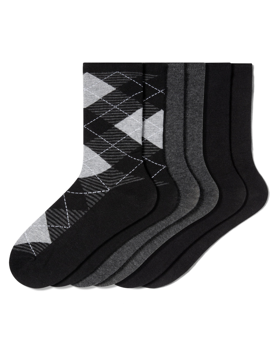 Set of black and gray patterned socks on a white background