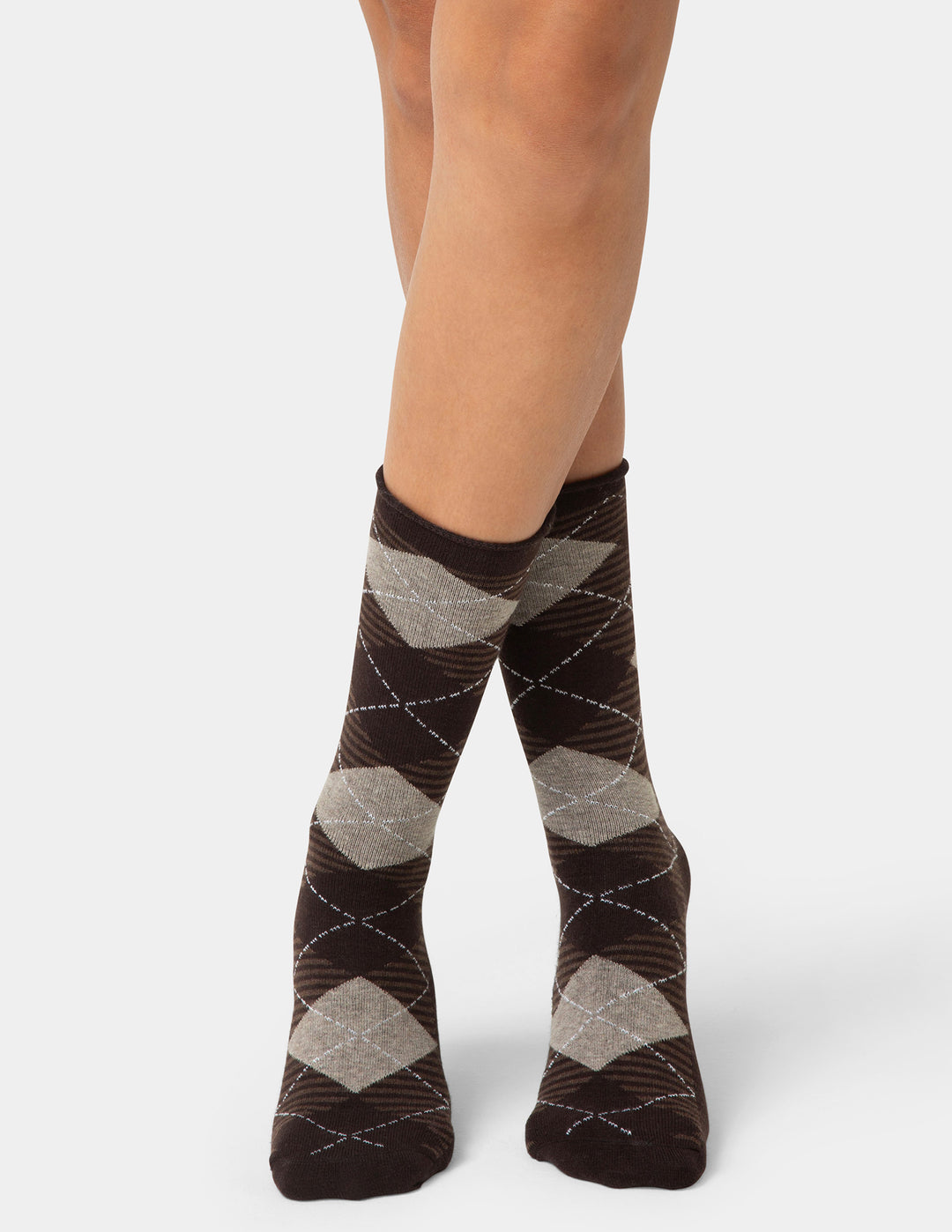 Brown and gray argyle patterned socks on a white background