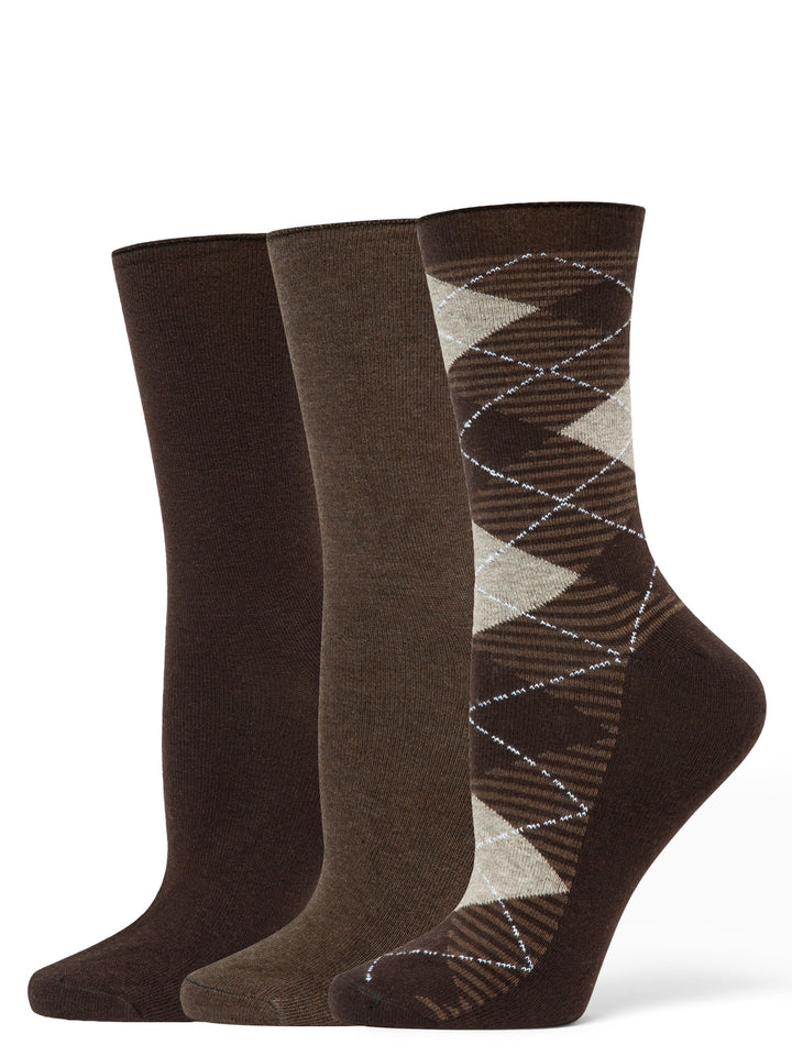 Three pairs of brown socks with different patterns on a white background