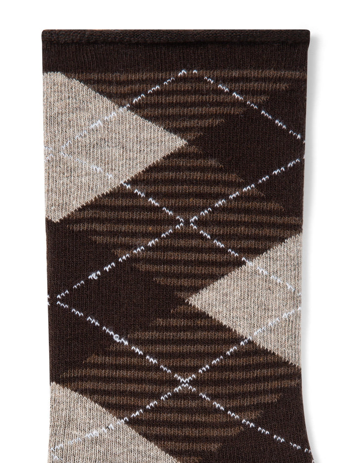 Patterned sock with brown, beige, and white colors on a white background
