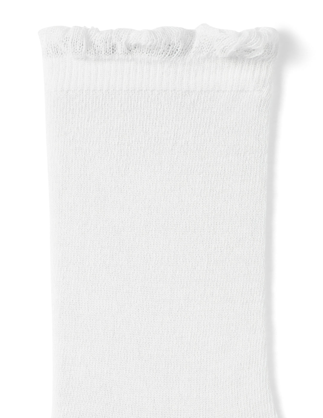 Top detail of white ruffle trim sock on a white background