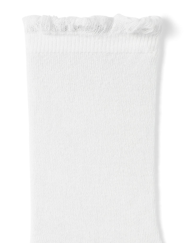Top detail of white ruffle trim sock on a white background