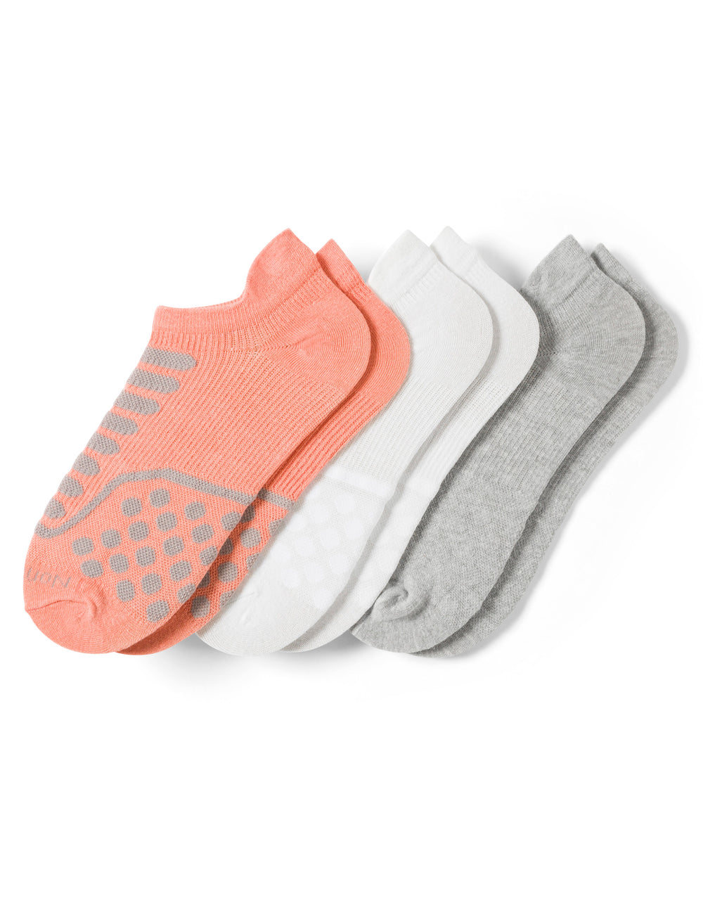 Set of three pairs of socks in pink, white, and gray on a white background