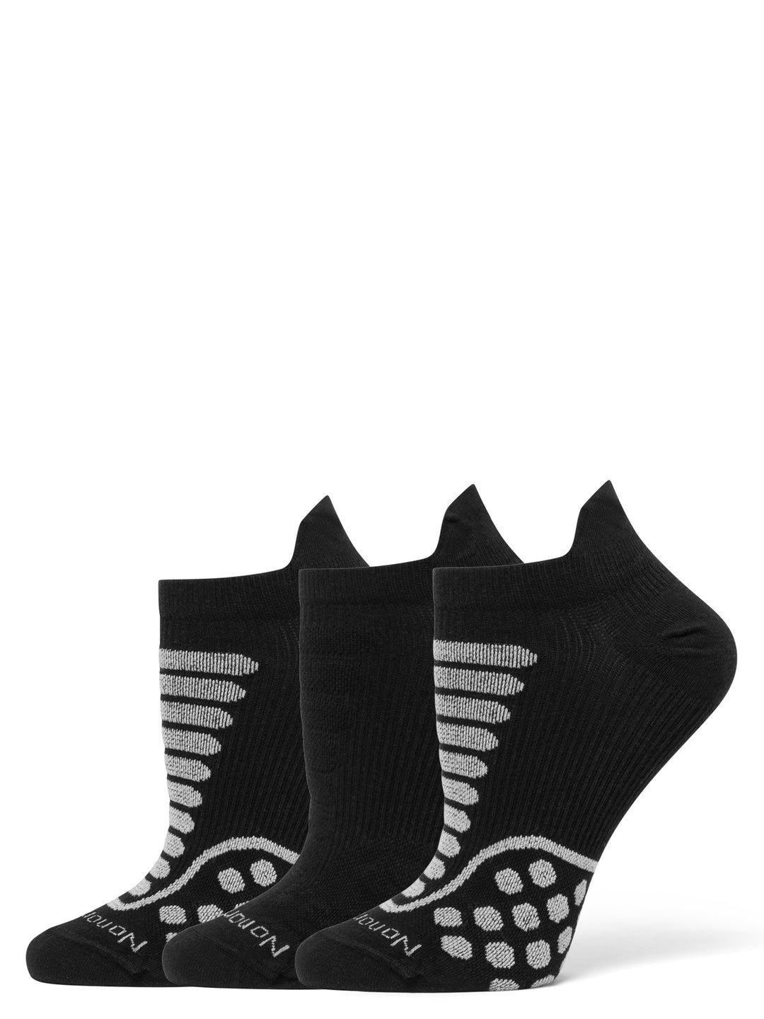 Three pairs of black ankle socks with white patterns on a white background