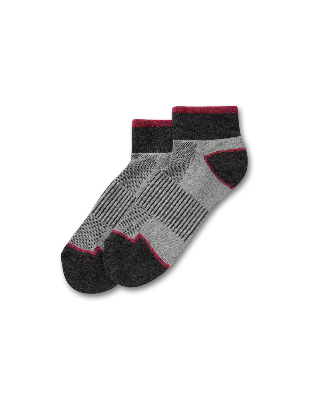 A pair of gray wool cushion ankle socks with black and red accents.