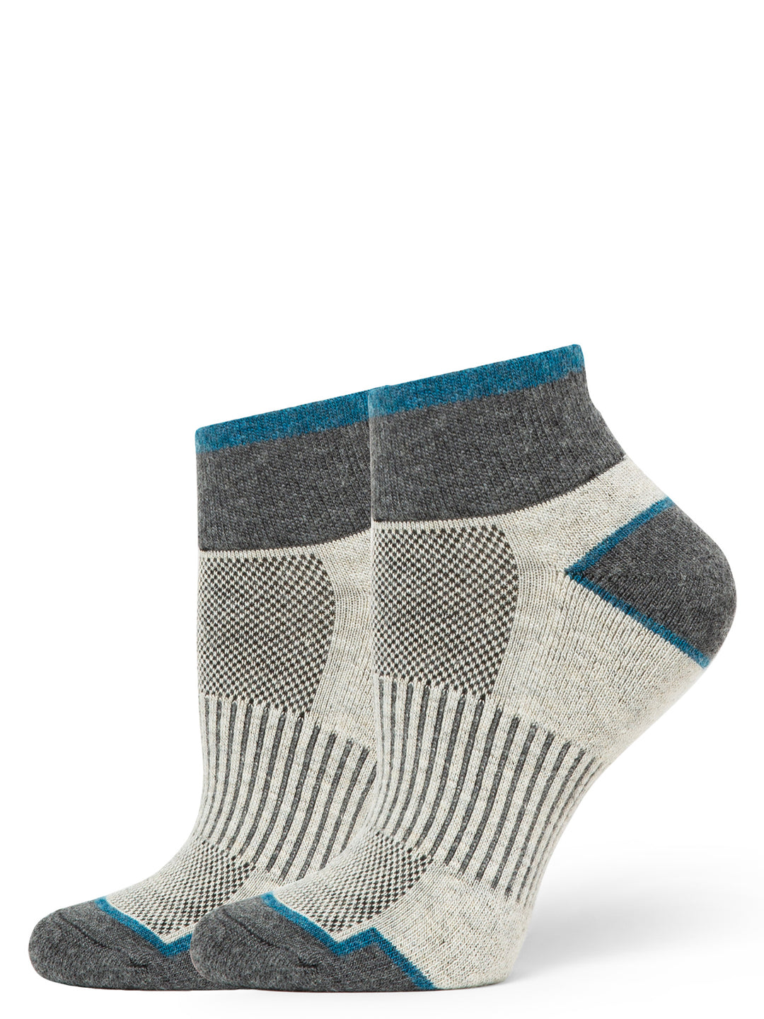 Two pairs of gray and blue socks on a white background