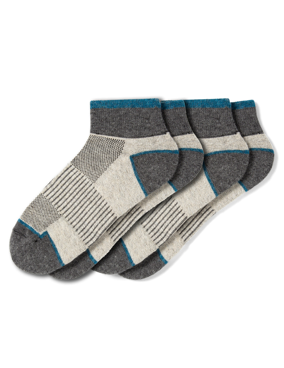 Set of 2 gray and beige socks with blue accents on a white background